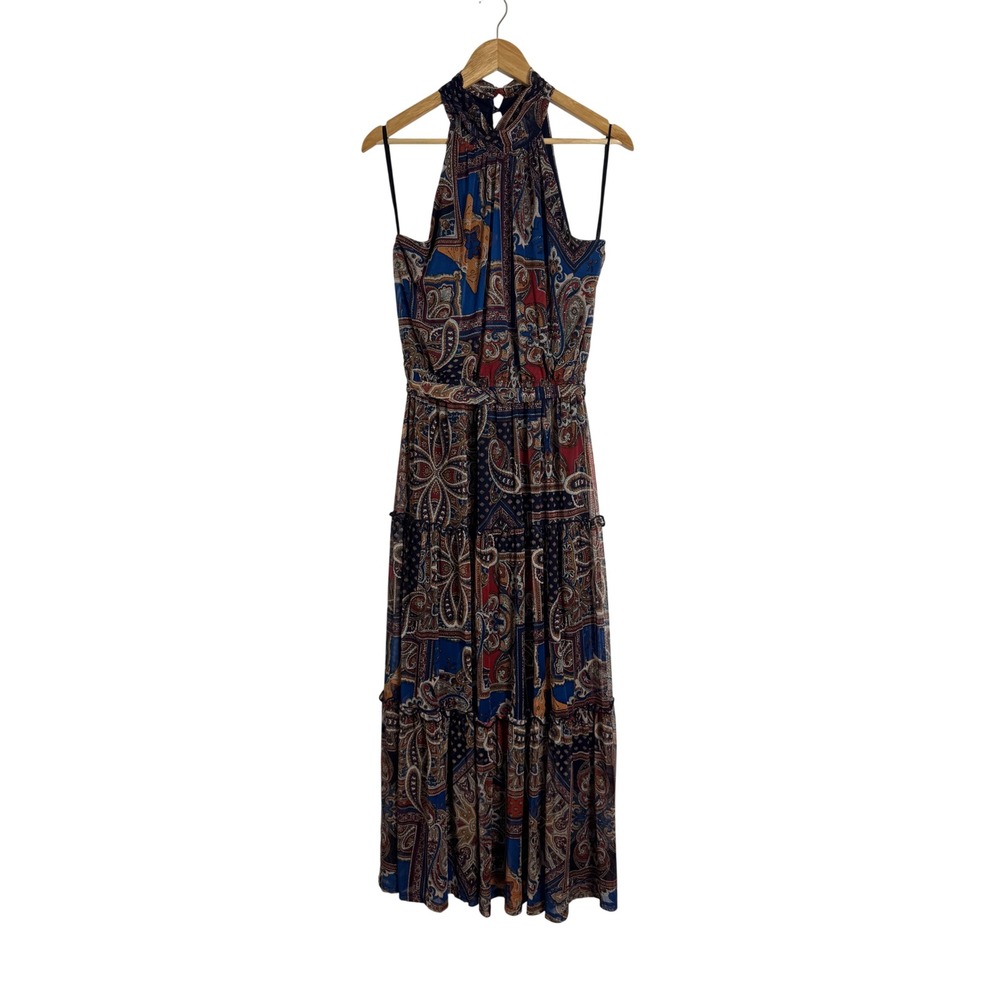 Boho Kate and Lily Womens 14 Maxi Dress Blue Paisley Halter Tiered Mesh 14936